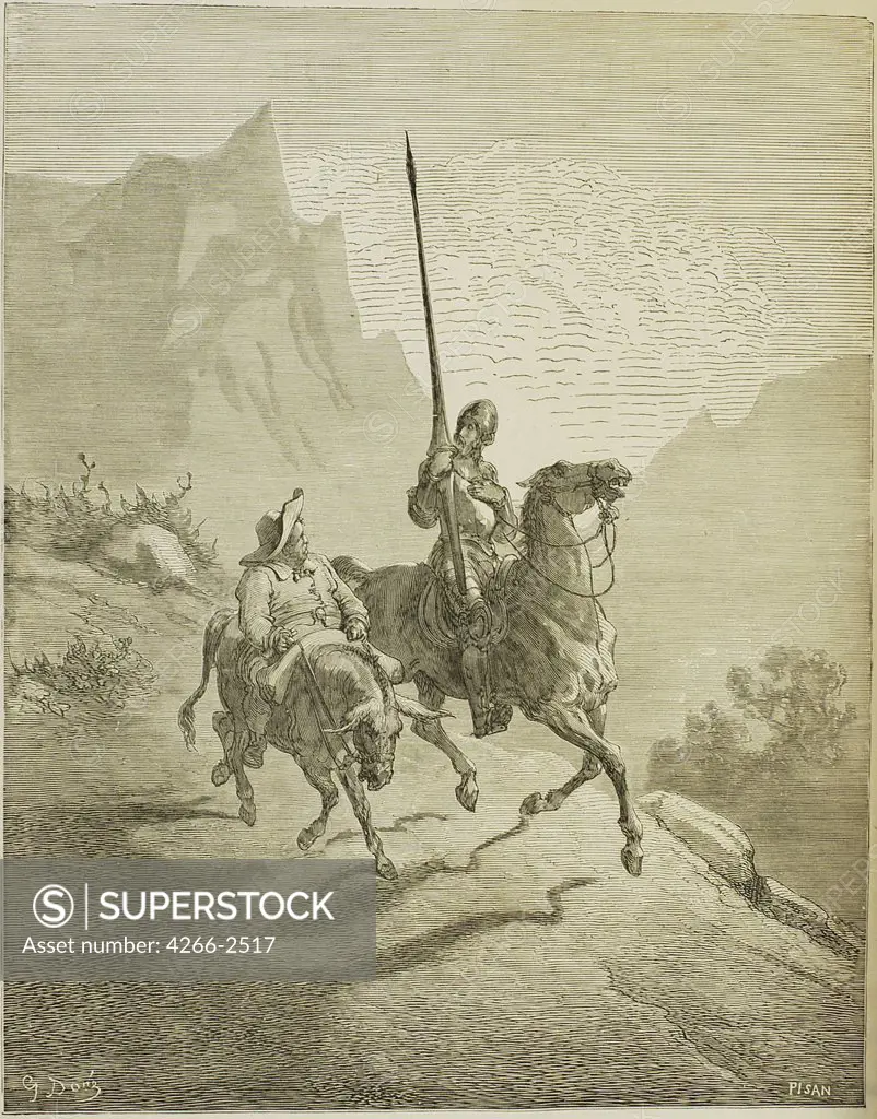 Don Quichotte and Sancho Panza by Gustave Dore, woodcut, 1863, 1832-1883, Private Collection