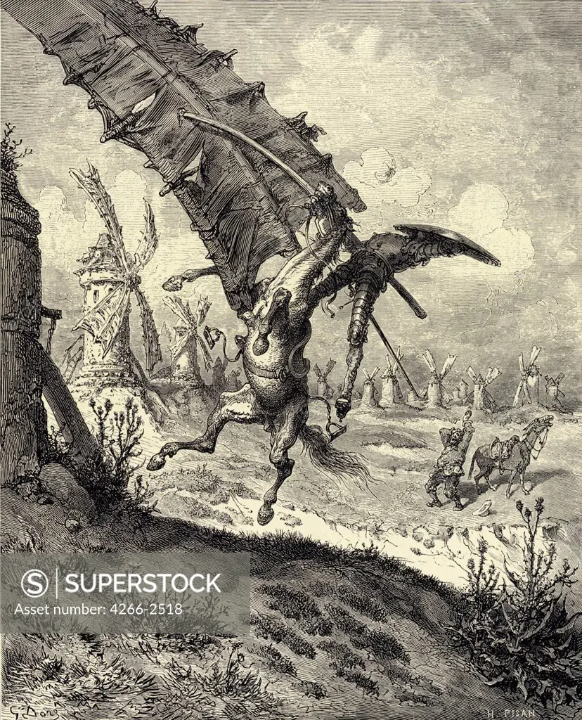 Don Quichotte fighting windmills by Gustave Dore, woodcut, 1863, 1832-1883, Private Collection