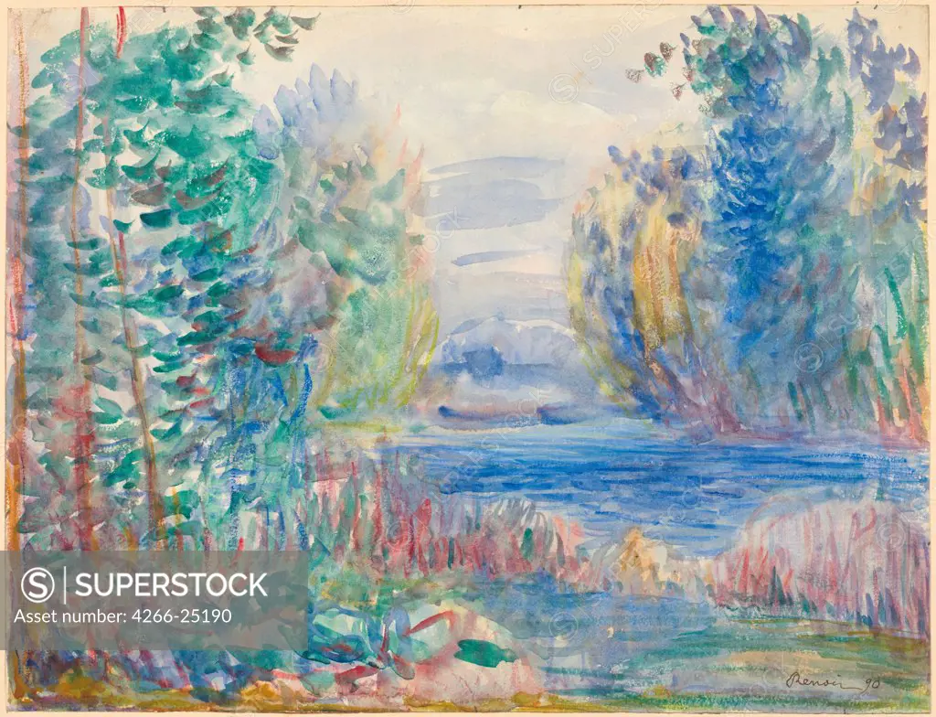 River Landscape by Renoir, Pierre Auguste (1841-1919) Albertina, Vienna 1890 Watercolour on paper 25,4x33,8 France Impressionism Landscape Painting