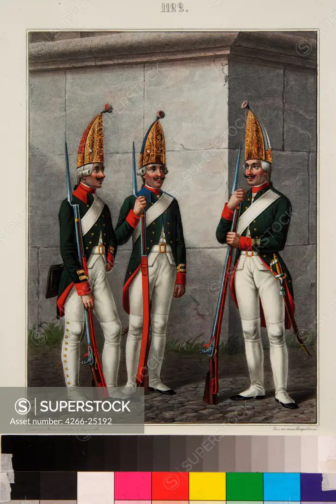 Grenadiers of the Preobrazhensky, Semenovsky and Izmailovsky Regiment in 1796-1797 by Petrovsky, Alexey Gavrilovich (1817-) A. Suvorov State Memorial Museum, St. Petersburg 1840s Lithograph, watercolour Russia Classicism History Graphic arts