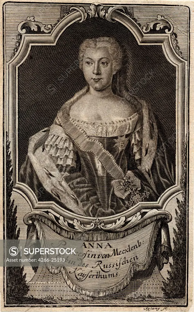 Portrait of Princess Anna Leopoldovna (1718-1746), tsar's Ivan VI mother by Sysang, Johann Christoph (1703-1757) State History Museum, Moscow 1739 Etching Germany Rococo Portrait Graphic arts