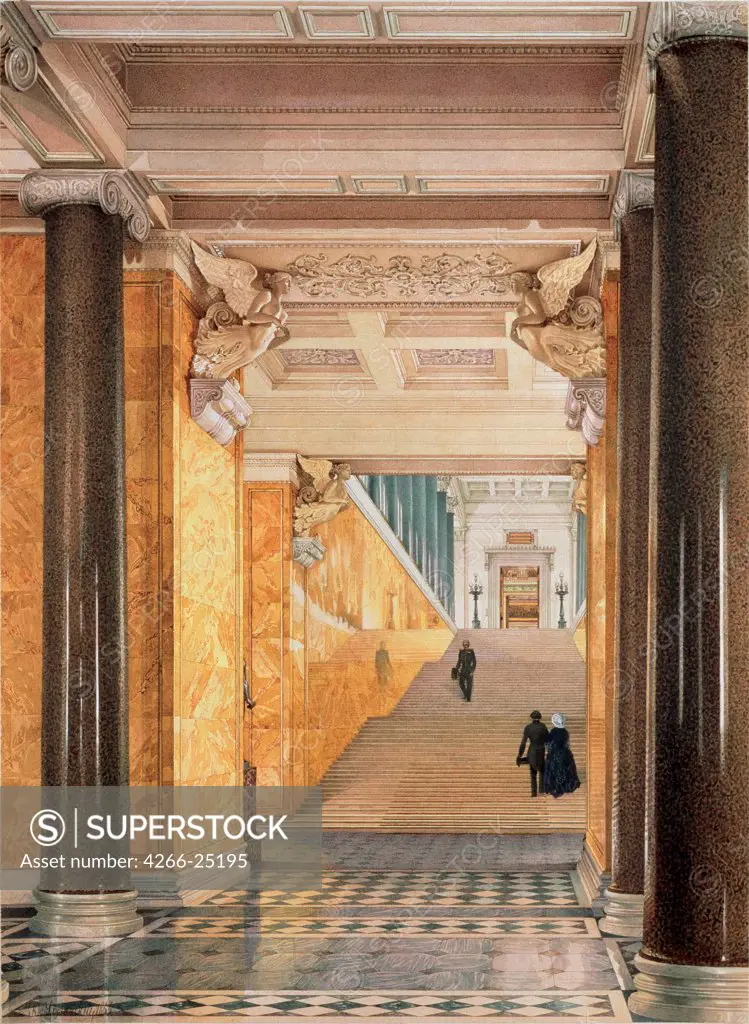 The Main Staircase and the Vestibule of the New Hermitage in St. Petersburg by Ukhtomsky, Konstantin Andreyevich (1818-1881) State Hermitage, St. Petersburg 1853 Watercolour on paper 40,1x29,2 Russia Russian Painting of 19th cen. Architecture, Int