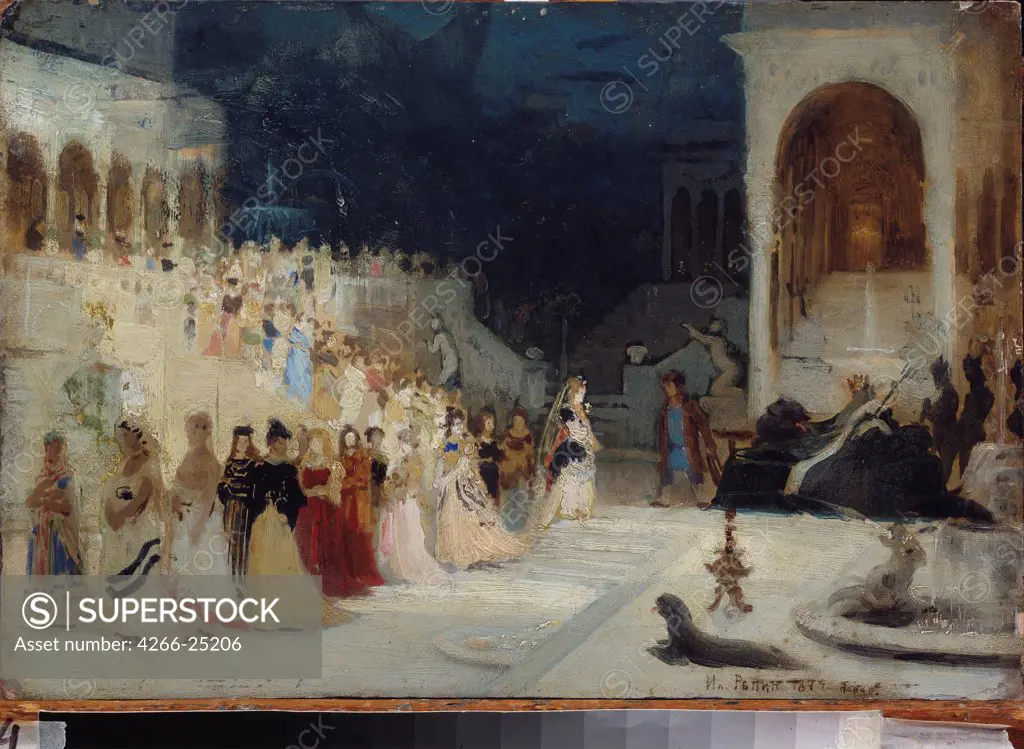 Stage design for the opera Sadko by N. Rimsky-Korsakov by Repin, Ilya Yefimovich (1844-1930) Regional Art Gallery, Taganrog 1874 Oil on canvas 29x43 Russia Theatrical scenic painting Opera, Ballet, Theatre Painting
