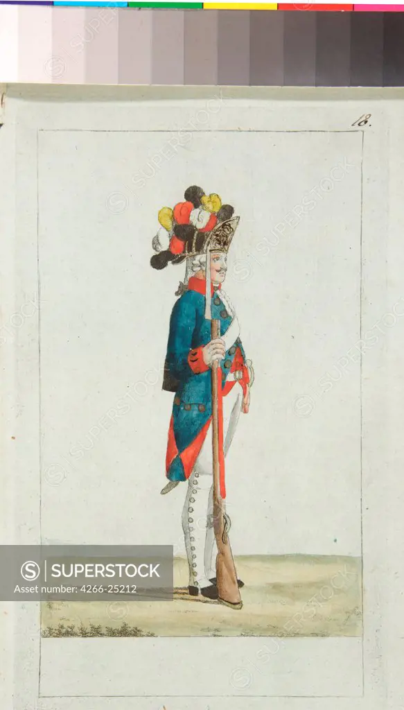 Grenadier of the Preobrazhensky Regiment by Geissler, Christian Gottfried Heinrich (1770-1844) A. Suvorov State Memorial Museum, St. Petersburg 1793 Etching, watercolour Germany Classicism History Graphic arts