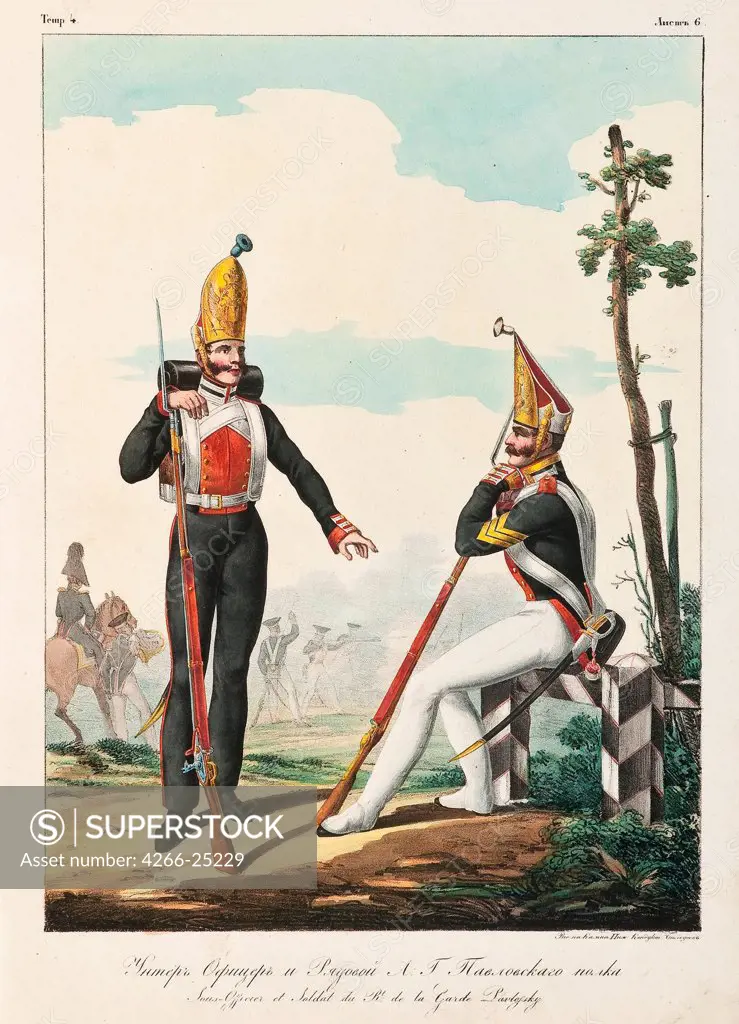 Under Officer and Soldier of the Pavlovsky Guard Regiment by Belousov, Lev Alexandrovich (1806-1864) Private Collection 1830-1840s Lithograph, watercolour 42x31 Russia Classicism History Graphic arts