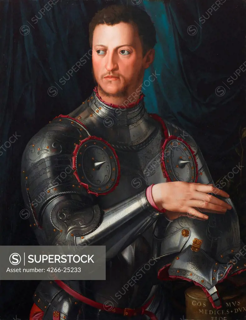 Portrait of Grand Duke of Tuscany Cosimo I de' Medici (1519-1574) in armour by Bronzino, Agnolo (1503-1572) Art Gallery of New South Wales ca 1545 Oil on wood 117,5x98,5 Italy, Florentine School Renaissance Portrait Painting