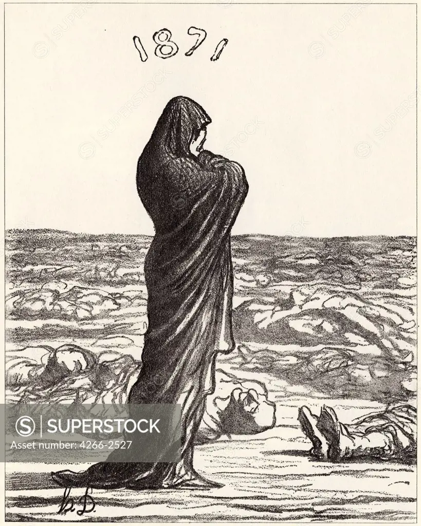 Woman despairing on battlefield by Honore Daumier, lithograph, 1871, 1808-1879, Private Collection, 23x18