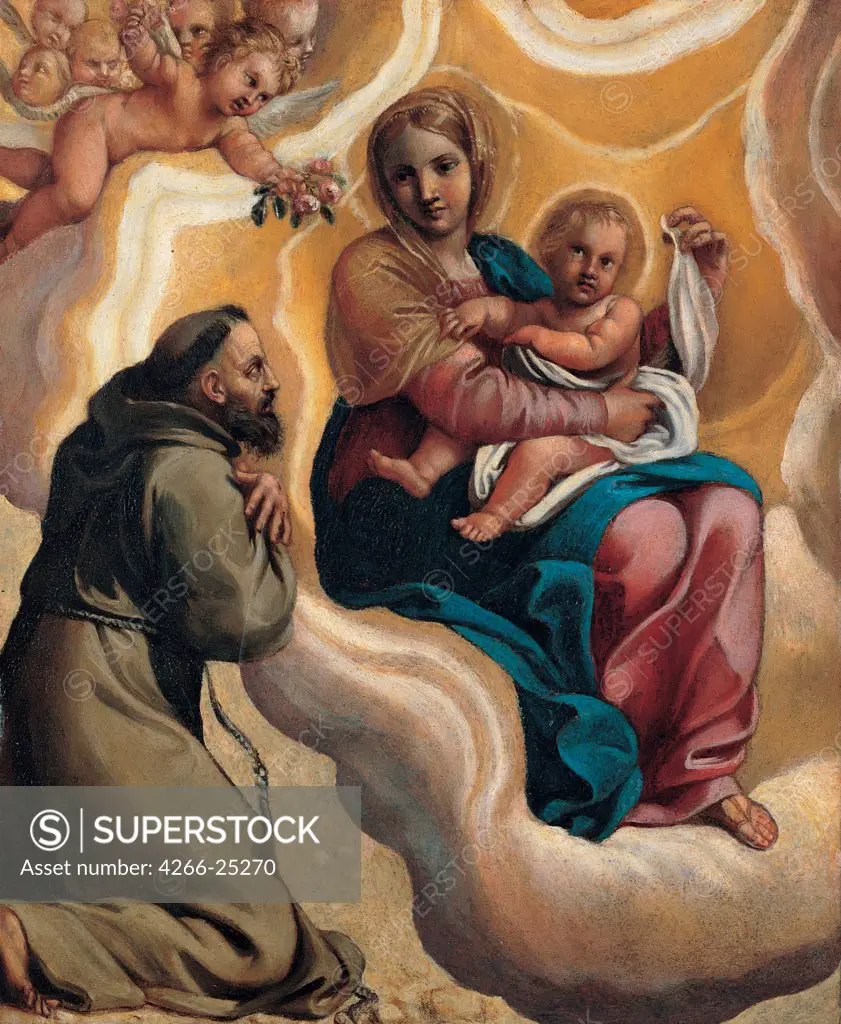 Madonna with the Child and Saint Francis by Carracci, Antonio Marziale (1583-1618) Musei Capitolini, Rome 1605 Oil on copper 21x17,5 Italy Baroque Bible Painting