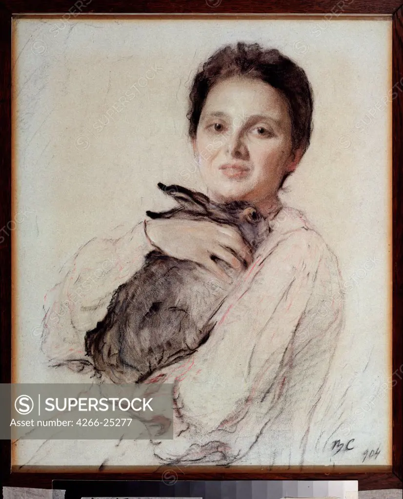 Portrait of Kleopatra Obninskaya with a Hare by Serov, Valentin Alexandrovich (1865-1911) State Art Museum, Nizhny Novgorod 1904 Charcoal, pastel and sanguine on cardboard 54,5x46 Russia Russian Painting, End of 19th - Early 20th cen. Portrait Pa