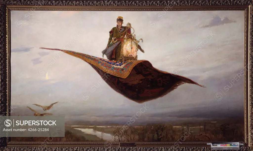 Riding a Flying Carpet by Vasnetsov, Viktor Mikhaylovich (1848-1926) State Art Museum, Nizhny Novgorod 1880 Oil on canvas 165x297 Russia Russian Painting of 19th cen. Mythology, Allegory and Literature Painting
