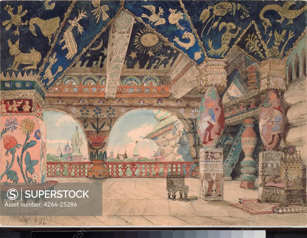 Stage design for the opera Snow Maiden by N. Rimsky-Korsakov by Vasnetsov, Viktor Mikhaylovich (1848-1926) State Tretyakov Gallery, Moscow 1883 Watercolour on paper 35,5x48,8 Russia Theatrical scenic painting Opera, Ballet, Theatre Painting