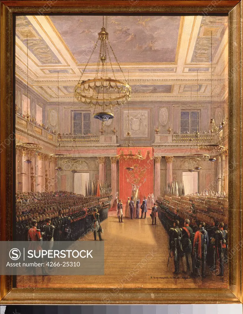 The Oath of the successor to the throne Alexander II Nikolaevich in the Winter palace by Chernetsov, Grigori Grigorievich (1802-1865) State Tretyakov Gallery, Moscow 1837 Oil on cardboard 24,3x19,6 Russia Russian Painting of 19th cen. History Pai