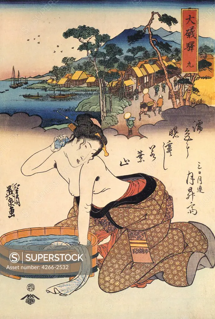 Bathing lady by Keisai Eisen, Colour woodcut, 1830-1835, 1790-1848, Russia, Moscow, State A. Pushkin Museum of Fine Arts, 34x22