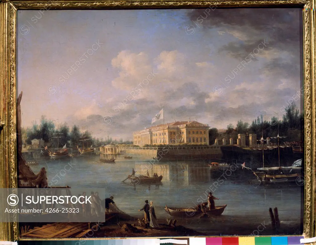 View of the Kamennoostrovski Palace As seen from the Stroganov Embankment by Shchedrin, Semyon Fyodorovich (1745-1804) State Russian Museum, St. Petersburg 1803 Oil on canvas 56x72 Russia Classicism Landscape Painting