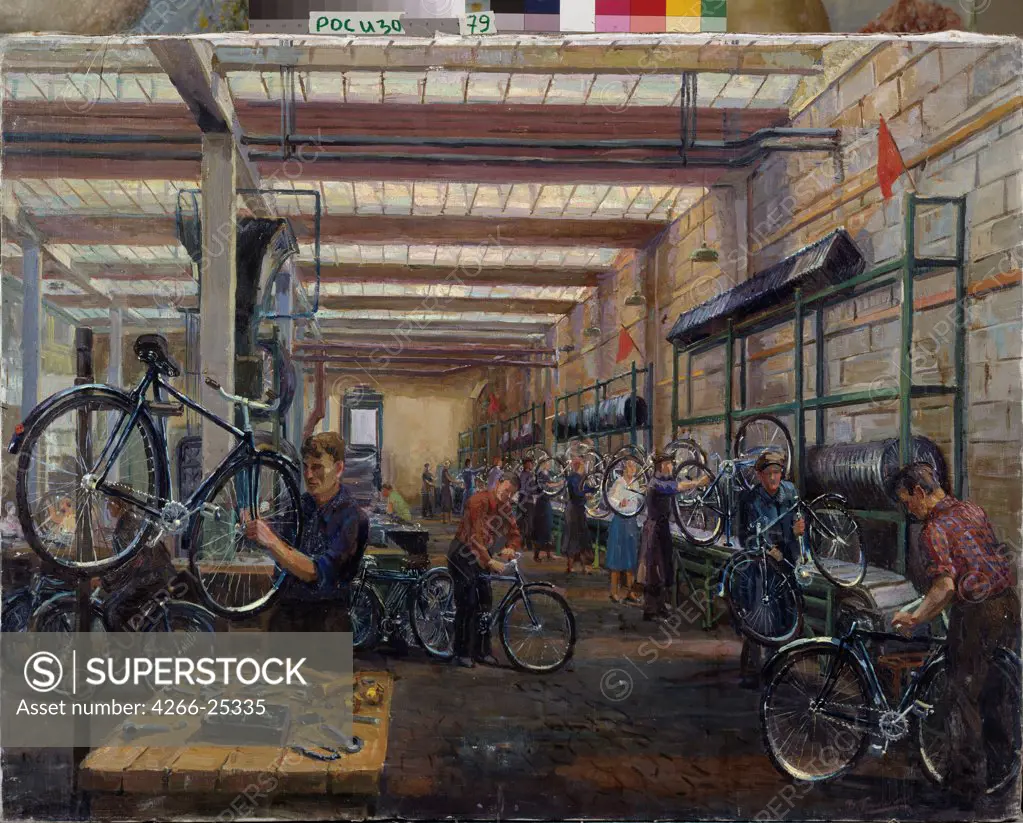 The Moscow Cycle Works by Pinegin, Nikolai Vasilyevich (1883-1940) State Museum- and exhibition Centre ROSIZO, Moscow 1930s Oil on canvas 87x113 Russia Soviet Art Genre Painting