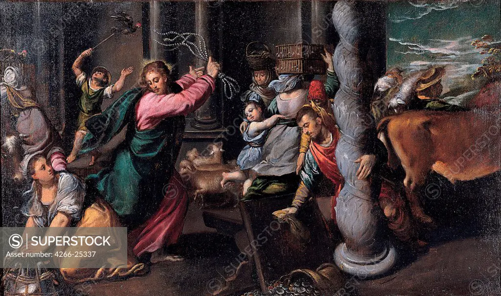 Christ Driving the Money Lenders from the Temple by Scarsellino (Scarsella), Ippolito (1551-1620) Musei Capitolini, Rome 1580-1585 Oil on canvas 68x116 Italy, School of Ferrara Mannerism Bible Painting