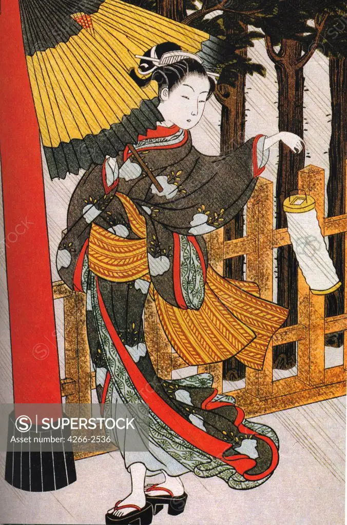 Woman with umbrella and lamp by Suzuki Harunobu, Colour woodcut, 1724-1770, Private Collection