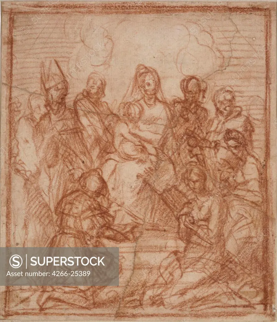Enthroned Madonna with Child and eight saints (Composition study) by Andrea del Sarto (1486-1531) Staatliche Museen, Berlin 1528 Sanguine on paper 15,6x13,5 Italy, Florentine School Renaissance Bible Graphic arts