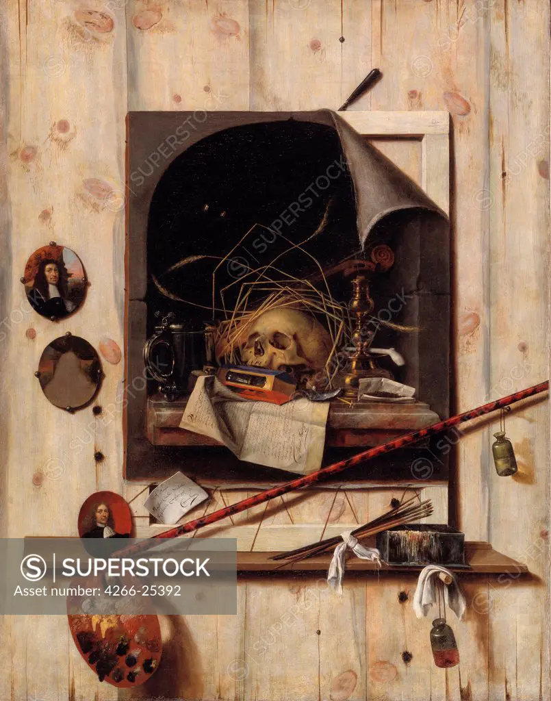 Trompe l'oeil with Studio Wall and Vanitas Still Life by Gijsbrechts, Cornelis Norbertus (before 1657-after 1675) Statens Museum for Kunst, Copenhagen 1668 Oil on canvas 152x118 The Netherlands Baroque Still Life Painting