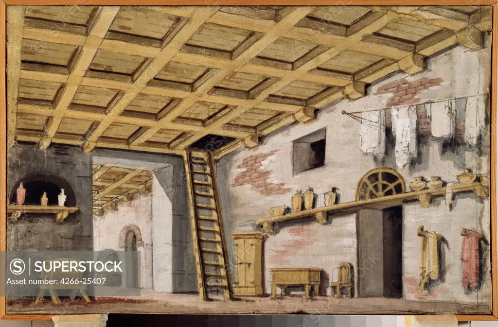 The kitchen. Stage design for a theatre play by Russian master   Museum Palace Theatre Ostankino, Moscow 1790s Tempera on canvas Russia Theatrical scenic painting Opera, Ballet, Theatre Painting