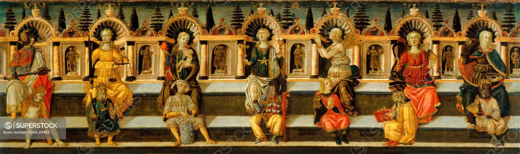 The Seven Virtues by Guidi (called Scheggia), Antonfrancesco (1441-1476) Museu Nacional d'Art de Catalunya, Barcelona c. 1467-1469 Tempera on panel 49,8x159,3 Italy Renaissance Bible,Mythology, Allegory and Literature Painting