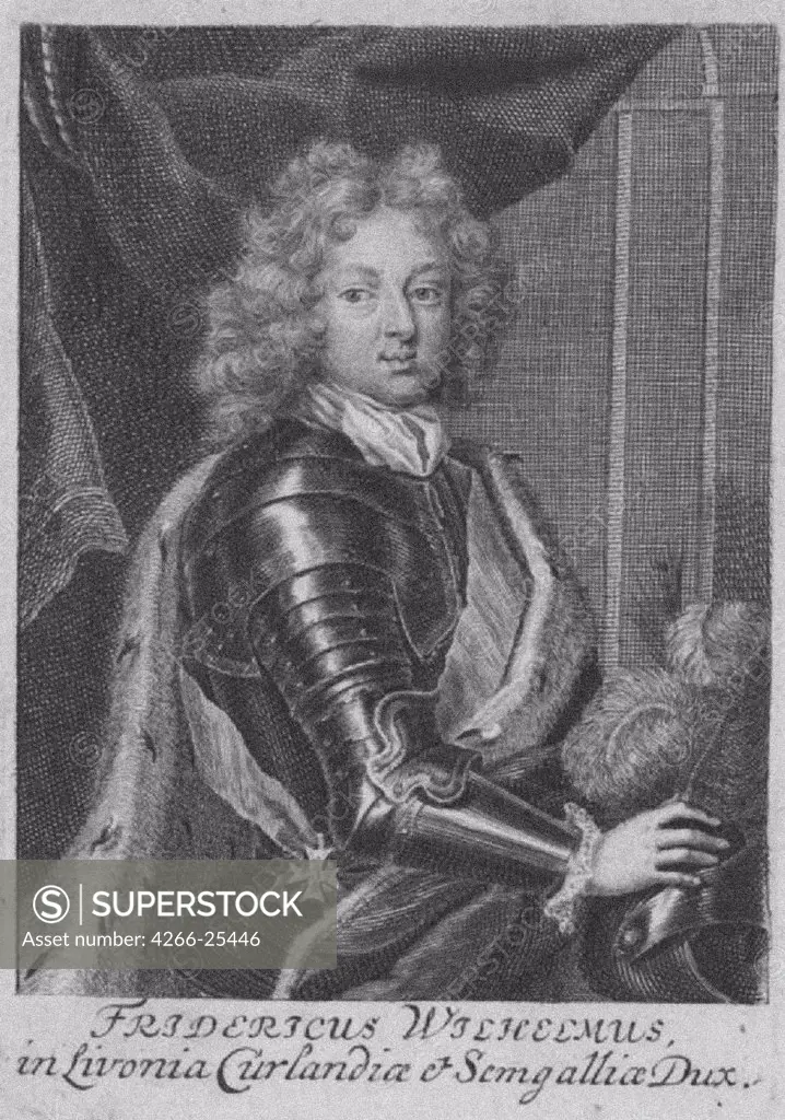 Portrait of Frederick William Kettler (1692-1711), Duke of Courland and Semigallia by Bernigeroth, Johann Martin (1713-1767) Russian National Library, St. Petersburg c. 1710 Copper engraving 11x9 Germany Baroque Portrait Graphic arts