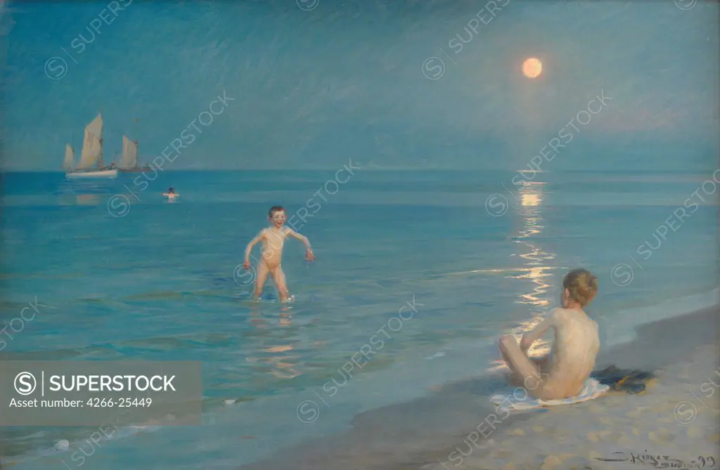 Boys Bathing at Skagen. Summer Evening by Kroyer, Peder Severin (1851-1909) Statens Museum for Kunst, Copenhagen 1899 Oil on canvas 100,5x153 Denmark Impressionism Landscape,Genre Painting