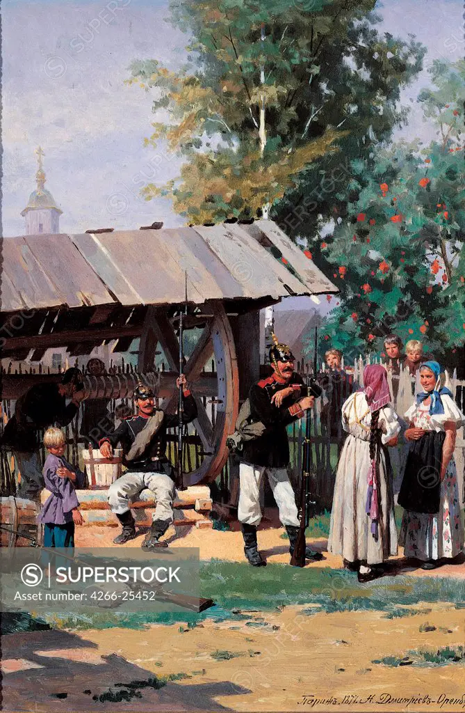 Russian Soldiers in a Country Village by Dmitriev-Orenburgsky, Nikolai Dmitrievich (1837-1898) Private Collection 1877 Oil on wood Russia Realism Genre Painting