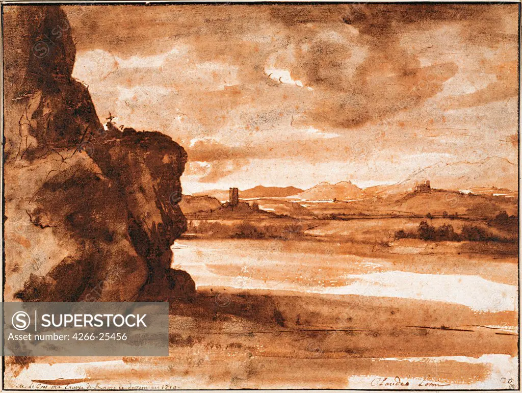 Tiber Landscape North of Rome with Dark Cloudy Sky by Lorrain, Claude (1600-1682) Albertina, Vienna Between 1630 and 1640 Pen, brush, Indian ink on paper 19,9x26,7 France Baroque Landscape Graphic arts