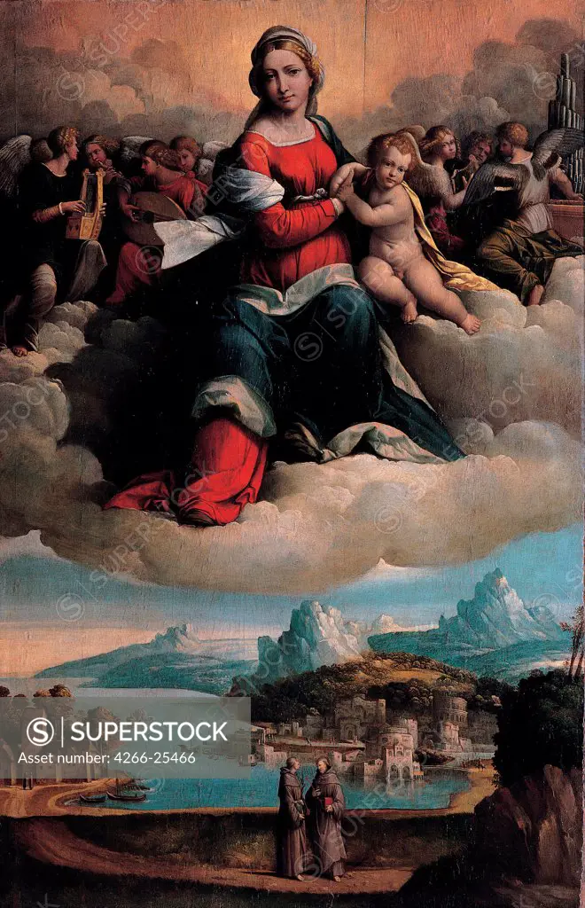 Madonna and Child in glory with the saints Anthony of Padua and Francis by Garofalo, Benvenuto Tisi da (1481-1559) Musei Capitolini, Rome 1530 Oil on wood 120x80 Italy, School of Ferrara Renaissance Bible Painting