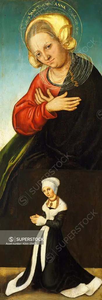 Saint Anne with the Duchess Barbara of Saxony as Donor by Cranach, Lucas, the Elder (1472-1553) Thyssen-Bornemisza Collections ca 1514 Oil on wood 85x30,6 Germany Renaissance Portrait,Bible Painting