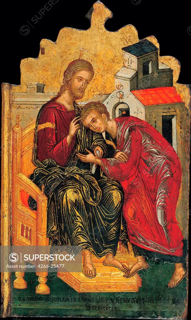 Christ giving the Benediction to John the Evangelist by Ritzos, Andreas (1421-1492) Benaki Museum, Athens c. 1450 Tempera on panel 40x31,3 Byzantium Icon Painting Bible Painting