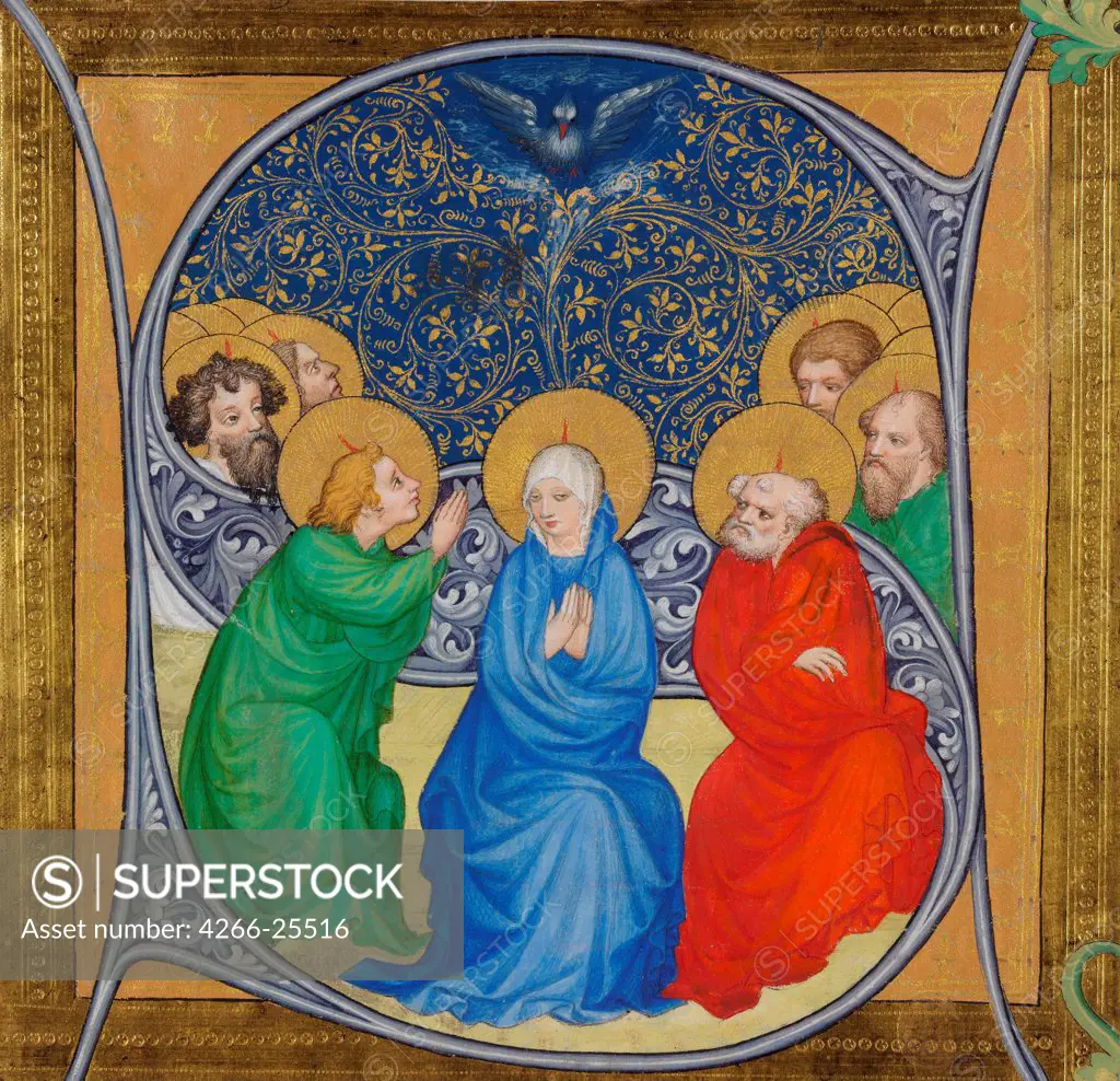 The descent of the Holy Spirit (Pentecost) by Bohemian Master (active 1410-1420) Szepmuveszeti Muzeum, Budapest 1415 Tempera and gold on parchment 15,1x15,7 Bohemian school Gothic Bible Painting