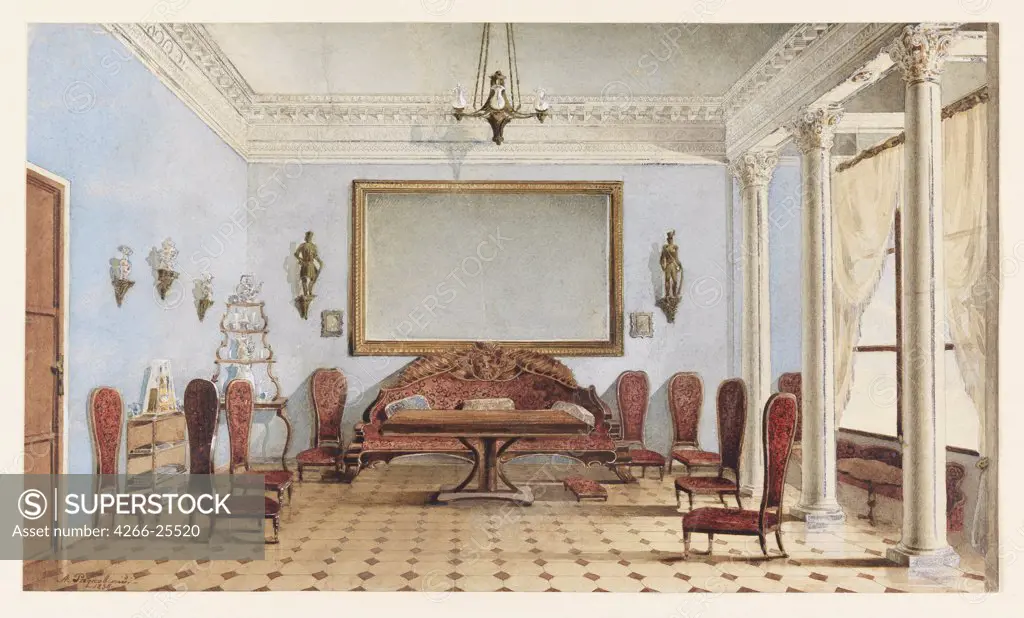 Salon Interior by Redkovsky, Andrei Alexeevich (1831-1909) Private Collection 1858 Watercolour, Gouache, white colour, ink on paper 19,9x34 Russia Academic art Architecture, Interior Graphic arts