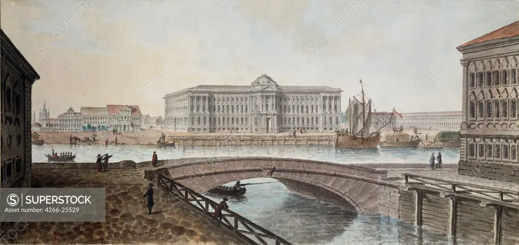 View of the Academy of Fine Arts from the Neva in Saint Petersburg by Traverse, Jean Balthazard, de la (2 half of 18th cen.) Museum of Private Collections in A. Pushkin Museum of Fine Arts, Moscow End 1790s Watercolour, Gouache on Paper 24,2x51,1 Fr