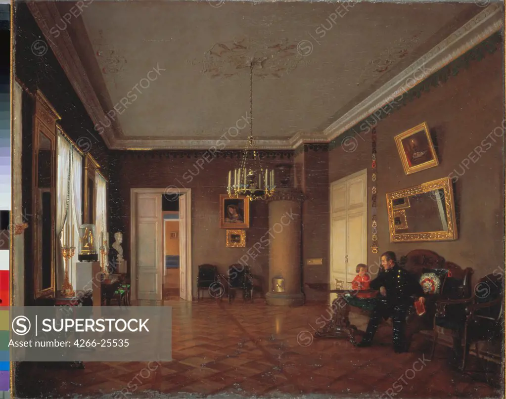 In the room by Pushkaryev, Prokofi Yegorovich (-after 1856) State Tretyakov Gallery, Moscow Oil on canvas 79,3x96,5 Russia Russian Painting of 19th cen. Architecture, Interior Painting