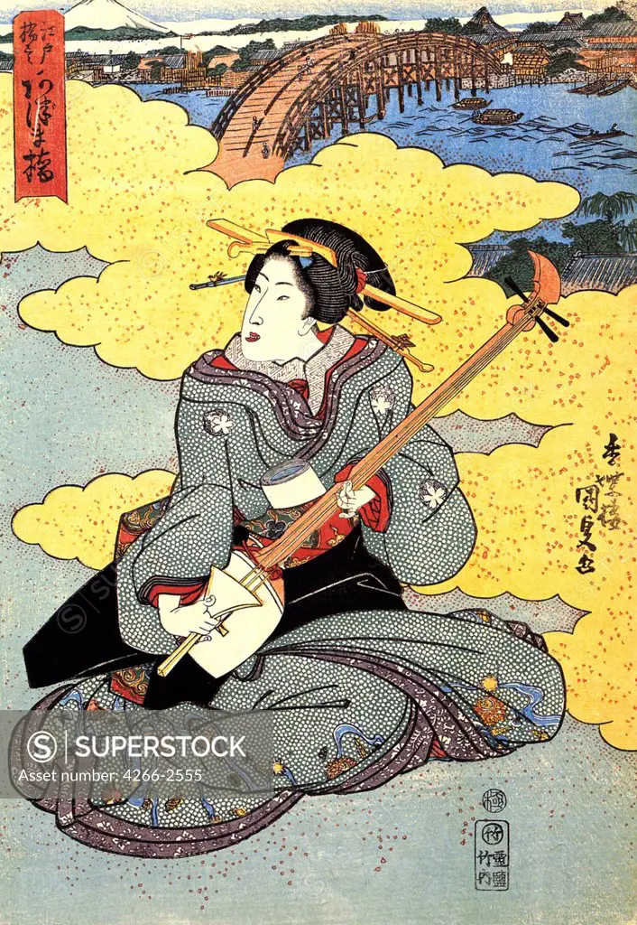 Playing women by Utagawa Kunisada (Toyokuni III), Colour woodcut, 1786-1865, Private Collection