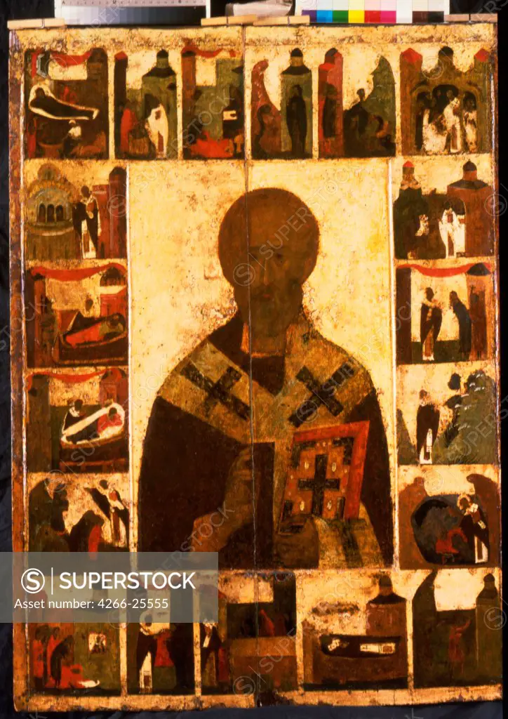 Saint Nicholas with scenes from his life  Russian icon   State Tretyakov Gallery, Moscow 14th century Tempera on panel 158x108 Russia, Novgorod School Russian icon painting Bible Painting