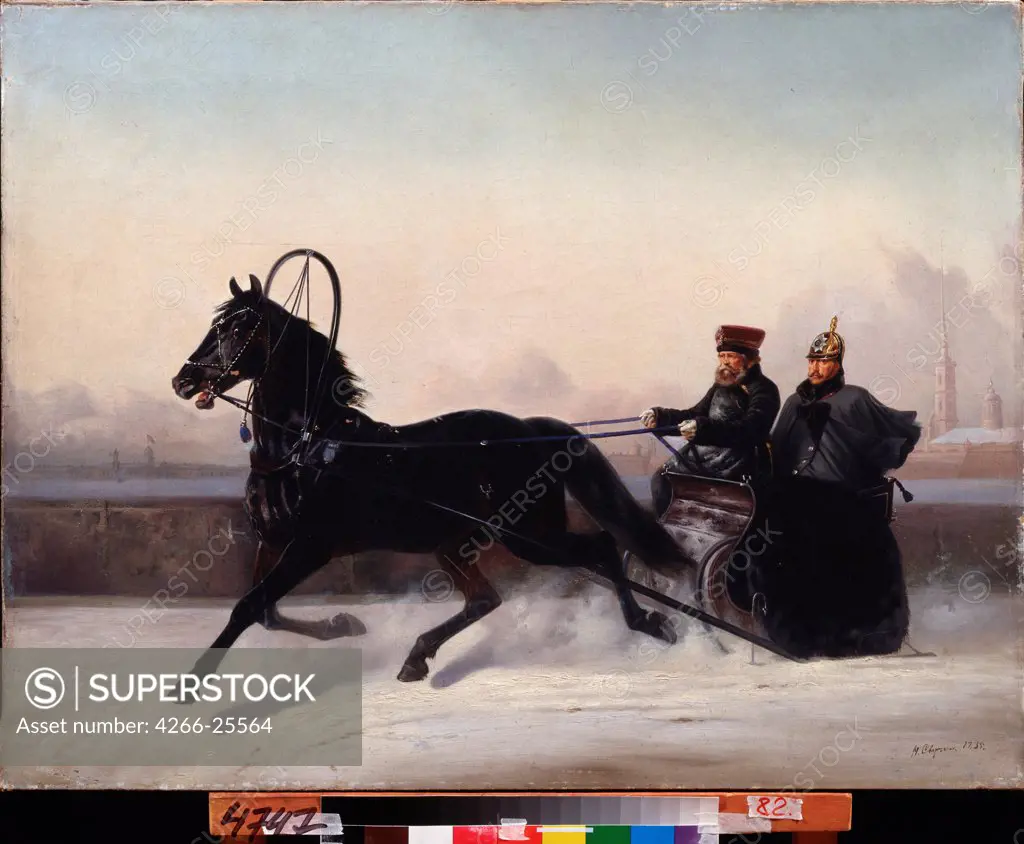 Emperor Nicholas I on a horse drawn sledge by Sverchkov, Nikolai Yegorovich (1817-1898) Far Eastern Art Museum, Khabarovsk 1895 Oil on canvas 70x91 Russia Russian Painting of 19th cen. Portrait,Genre Painting