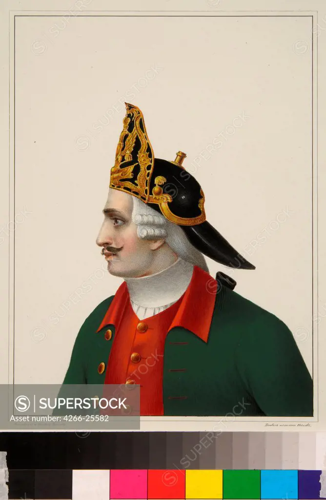 Grenadier cap in 1742-1762 by Chorikov, Boris Artemyevich (1802-1866) A. Suvorov State Memorial Museum, St. Petersburg Early 1840s Lithograph, watercolour Russia Classicism History Graphic arts