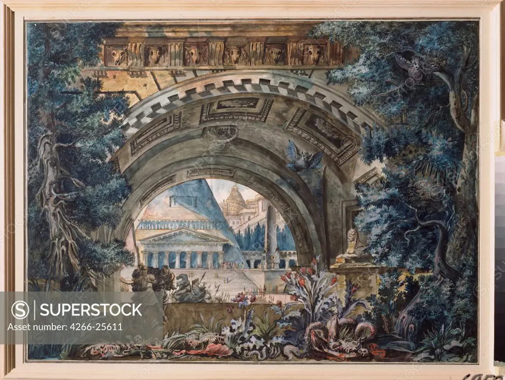Arch. Stage design for a theatre play by Russian master   Museum Palace Theatre Ostankino, Moscow 1790-1800 Tempera on canvas Russia Theatrical scenic painting Opera, Ballet, Theatre Painting
