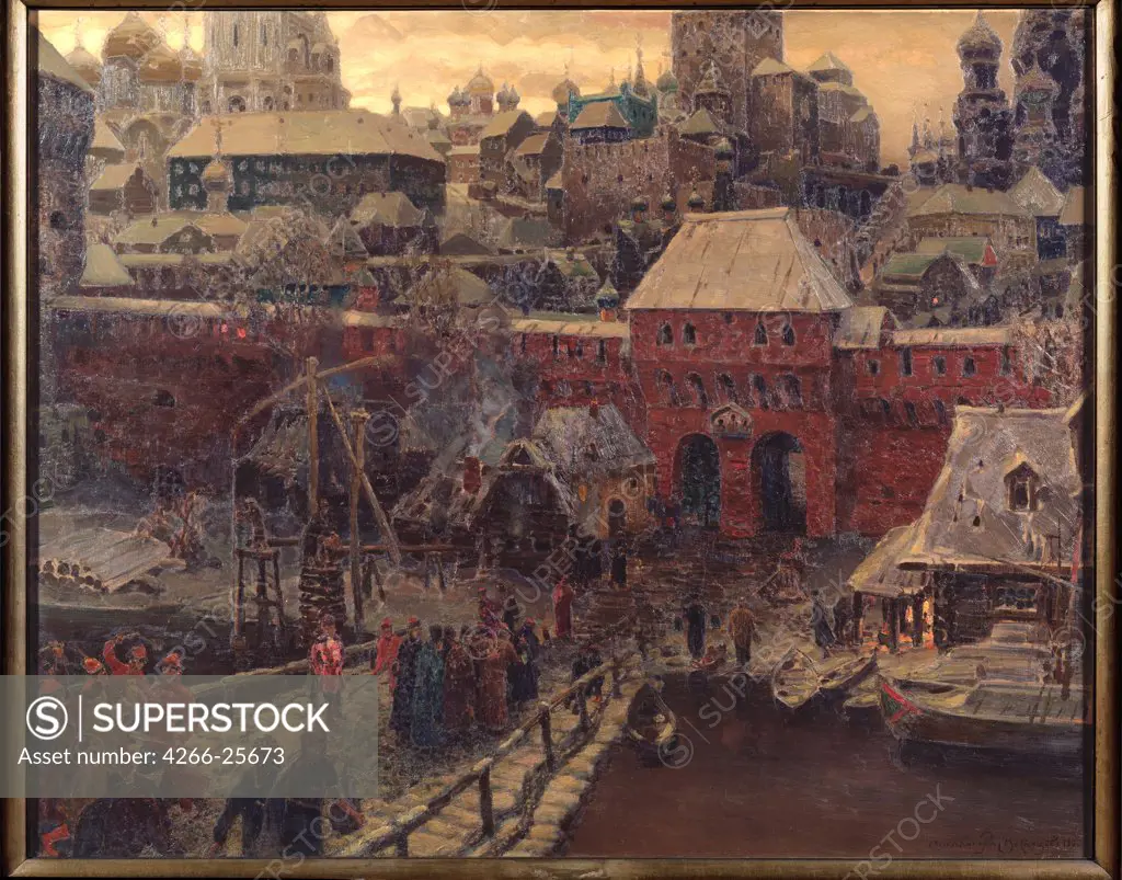 Moscow in the 17th Century. The Moskvoretsky Bridge and the Water Gate by Vasnetsov, Appolinari Mikhaylovich (1856-1933) State Tretyakov Gallery, Moscow 1900 Oil on canvas 141x176 Russia Russian Painting, End of 19th - Early 20th cen. Architecture