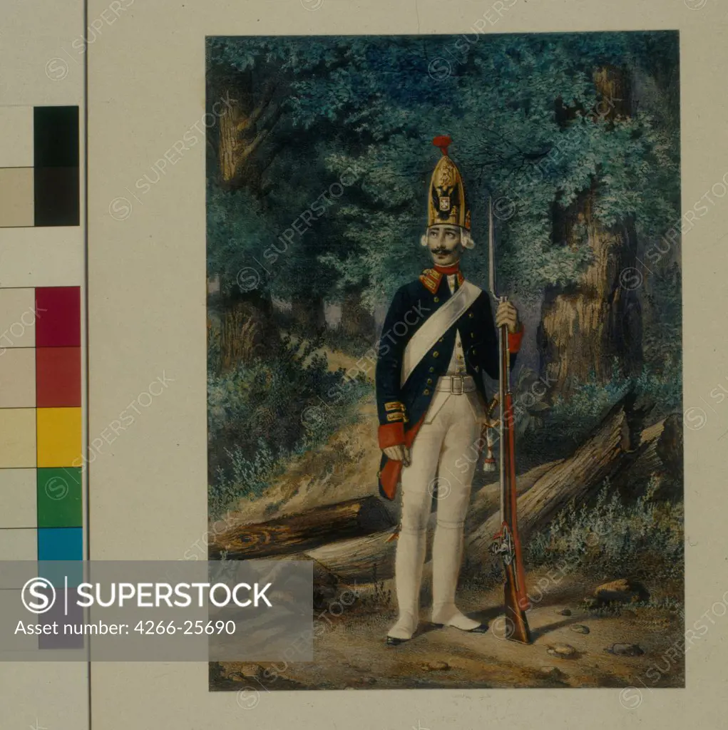 Grenadier of the Preobrazhensky Regiment in 1800 by Belousov, Lev Alexandrovich (1806-1864) State History Museum, Moscow 1840s Lithograph, watercolour Russia Classicism History Graphic arts