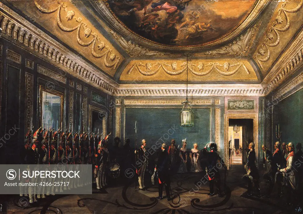 Changing of the Preobrazhensky Regiment Guards in the Gatchina Palace at the time of Paul I by Schwarz, Gustav (ca. 1800-after 1855) State Open-air Museum Palace Gatchina, St. Petersburg 1845 Oil on canvas Germany Classicism Architecture, Interior,