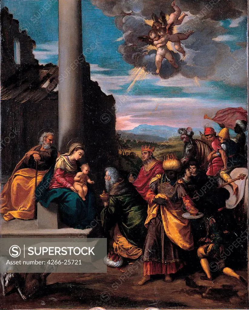 The Adoration of the Magi by Scarsellino (Scarsella), Ippolito (1551-1620) Musei Capitolini, Rome 1575-1580 Oil on canvas 68x55 Italy, School of Ferrara Mannerism Bible Painting