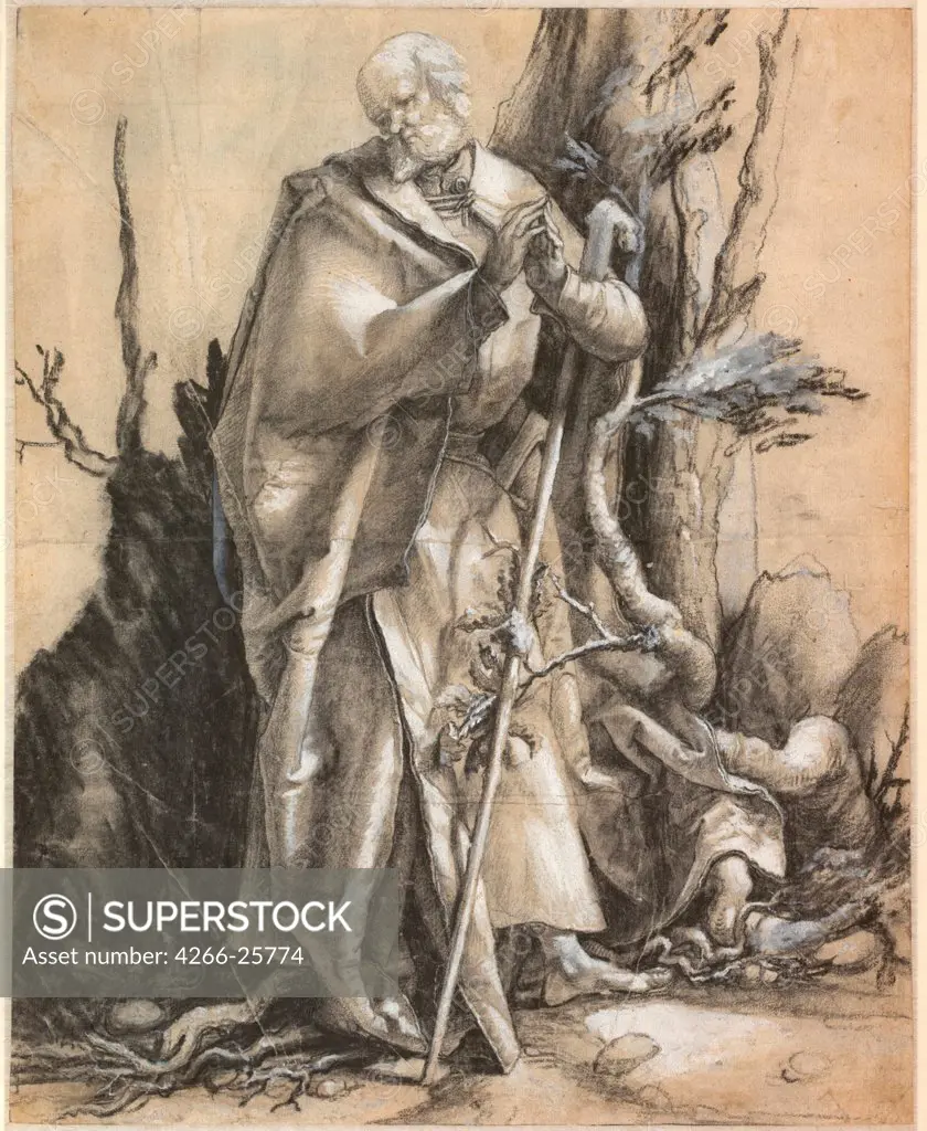 Bearded Saint with walking stick by Grunewald, Matthias (ca 1470-1528) Albertina, Vienna c. 1516 Black chalk, white colour on paper 36,2x29,2 Germany Renaissance Bible Graphic arts