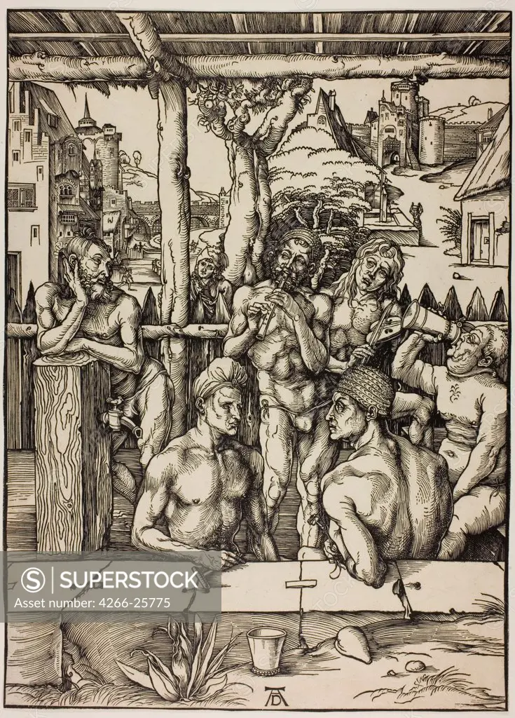 The MenÕs Bath by Durer, Albrecht (1471-1528) Private Collection c. 1496 Woodcut 39,1x28 Germany Renaissance Genre Graphic arts