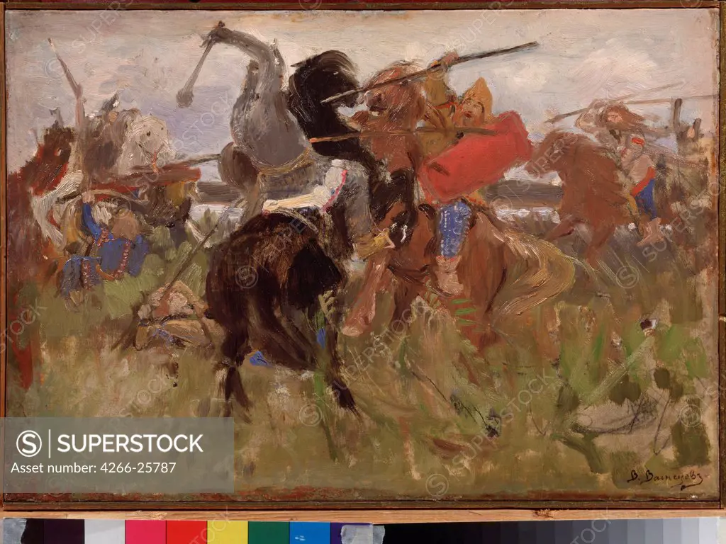 Battle between the Scythians and the Slavs by Vasnetsov, Viktor Mikhaylovich (1848-1926) State Tretyakov Gallery, Moscow 1879 Oil on canvas 27,2x39,4 Russia Russian Painting of 19th cen. Genre,History Painting