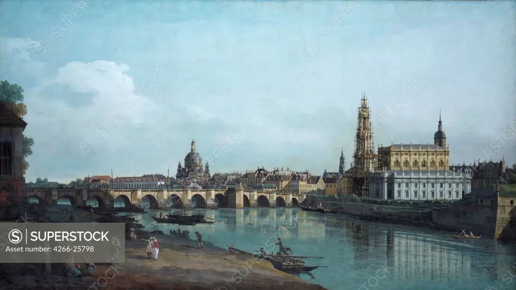 Dresden seen from the Right Bank of the Elbe, beneath the Augusts Bridge by Bellotto, Bernardo (1720-1780) State Art Gallery, Dresden 1748 Oil on canvas 133x237 Italy, Venetian School Rococo Landscape Painting
