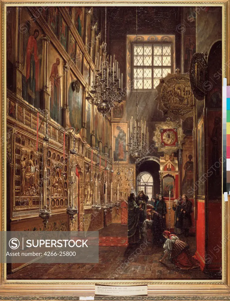 A church service in the Cathedral of the Annunciation in the Moscow Kremlin by Shukhvostov, Stepan Mikhailovich (1821-1908) State Tretyakov Gallery, Moscow 1857 Oil on canvas 90x71 Russia Russian Painting of 19th cen. Architecture, Interior Paint